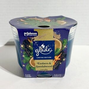 Glade Candle Embers Sandalwood 3 Wick Scented Limited Edition Blue 6.8 oz NEW